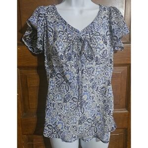 Belissimo Woman's Floral Printed Flutter Sleeve Semi Sheer Blouse